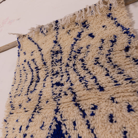 New Handmade Azilal Wool Rug - Blue Abstract Pattern on Cream - Moroccan Modern Decor