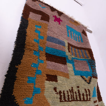 Geometric Village Boujad Rug – New Moroccan Wool Rug – Earth Tones & Sky Blue Abstract Design – Berber Handwoven Wall Hanging