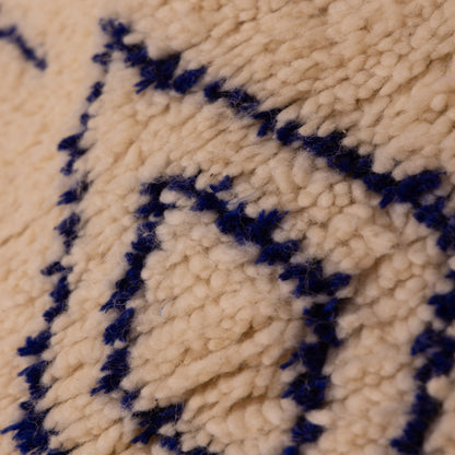 Blue & Cream Azilal Rug - 80% Wool 20% Cotton Moroccan Handmade - Minimalist Berber Tribal Carpet