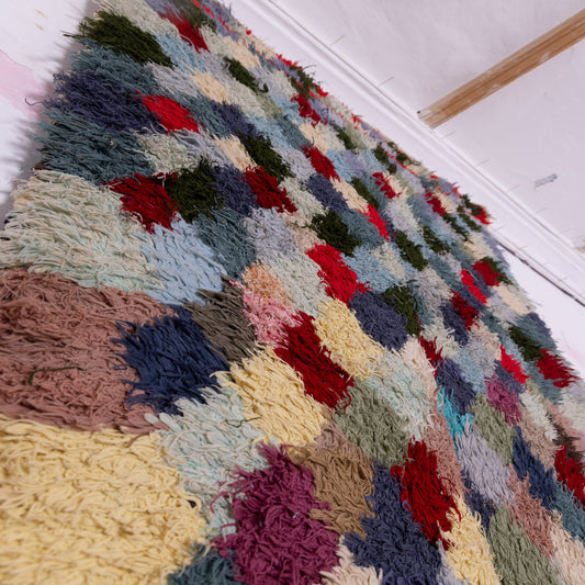 Vintage Moroccan Boucherouite Rug – Handwoven Berber Carpet – Colorful Diamond Pattern Boho Rug