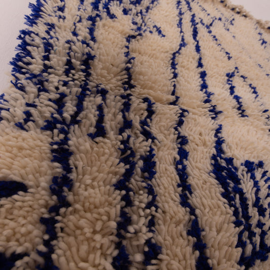 New Handmade Azilal Wool Rug - Abstract Blue Tribal Patterns on Cream - Moroccan Floor or Wall Decor