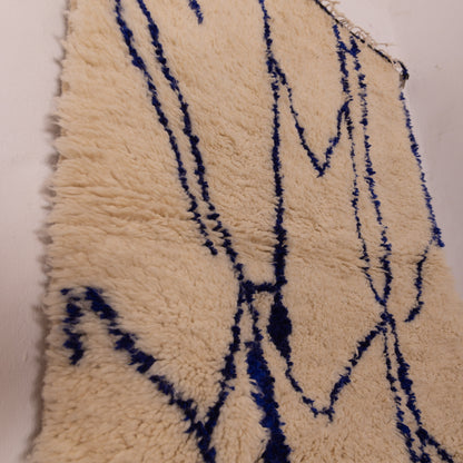 Abstract Moroccan Berber Wool Rug - Modern Indigo Blue Line Art on Cream Wool - Handwoven Azilal Style Decor
