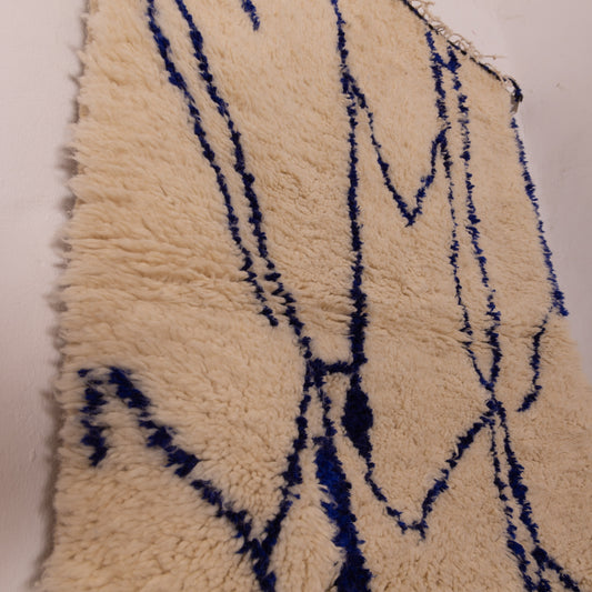 Abstract Moroccan Berber Wool Rug - Modern Indigo Blue Line Art on Cream Wool - Handwoven Azilal Style Decor