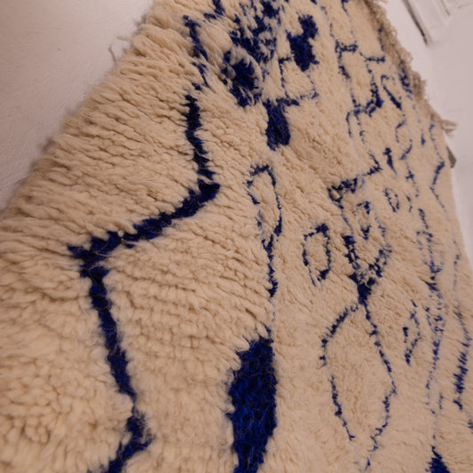 Handmade Moroccan Azilal Style Rug - Berber Wool Accent Rug with Indigo Blue Tribal Diamonds