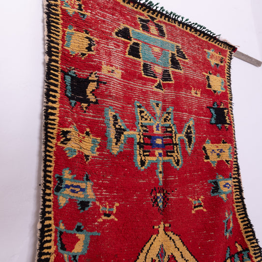 Vintage Moroccan Azilal Rug - Tribal Symbols on Bold Red - 100% Wool Handwoven Art