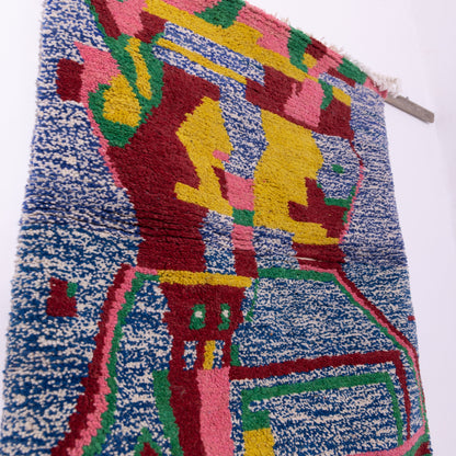 Bold Abstract Boujad Rug – New Moroccan Wool Rug – Pink, Yellow, Blue & Green Modern Art Design – Handmade Berber Textile Wall Hanging