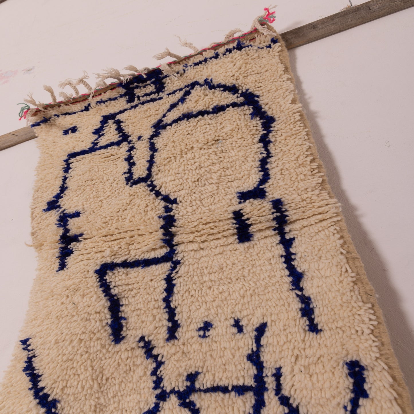 New Handmade Azilal Wool Rug - Abstract Blue Figures on Cream - Moroccan Tribal Decor for Floor or Wall