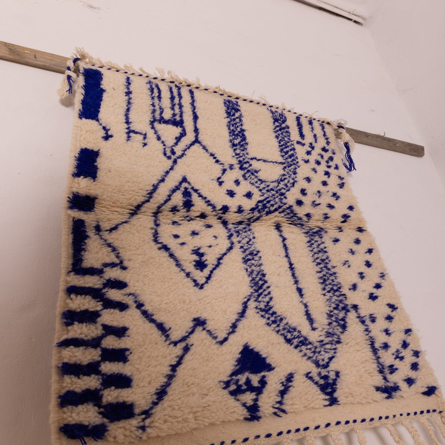 New Handmade Azilal Rug - Abstract Blue Berber Symbols on Cream - Modern Moroccan Tribal Decor for Wall or Floor