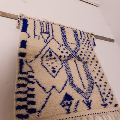 New Handmade Azilal Rug - Abstract Blue Berber Symbols on Cream - Modern Moroccan Tribal Decor for Wall or Floor