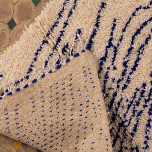 New Handmade Azilal Wool Rug - Abstract Blue Stripes on Cream - Moroccan Contemporary Art Decor