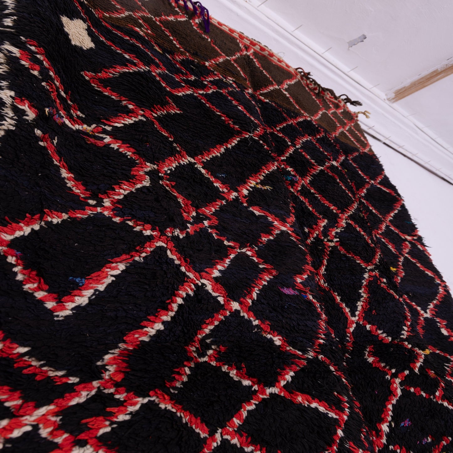 Night Weave” – Vintage Moroccan Rug with Red Lattice on Black Wool