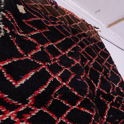 Night Weave” – Vintage Moroccan Rug with Red Lattice on Black Wool