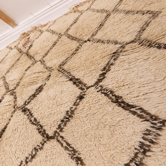 Vintage Moroccan Beni Ourain Rug - Handwoven Wool Tribal Carpet - Authentic Berber Design - Cream & Black - Large Area Rug