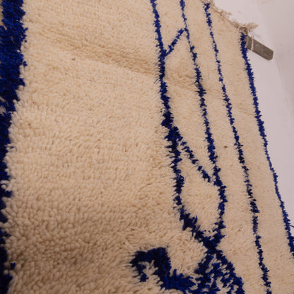 New Handmade Azilal Wool Rug - Abstract Blue Tribal Design on Cream - Moroccan Wall or Floor Decor