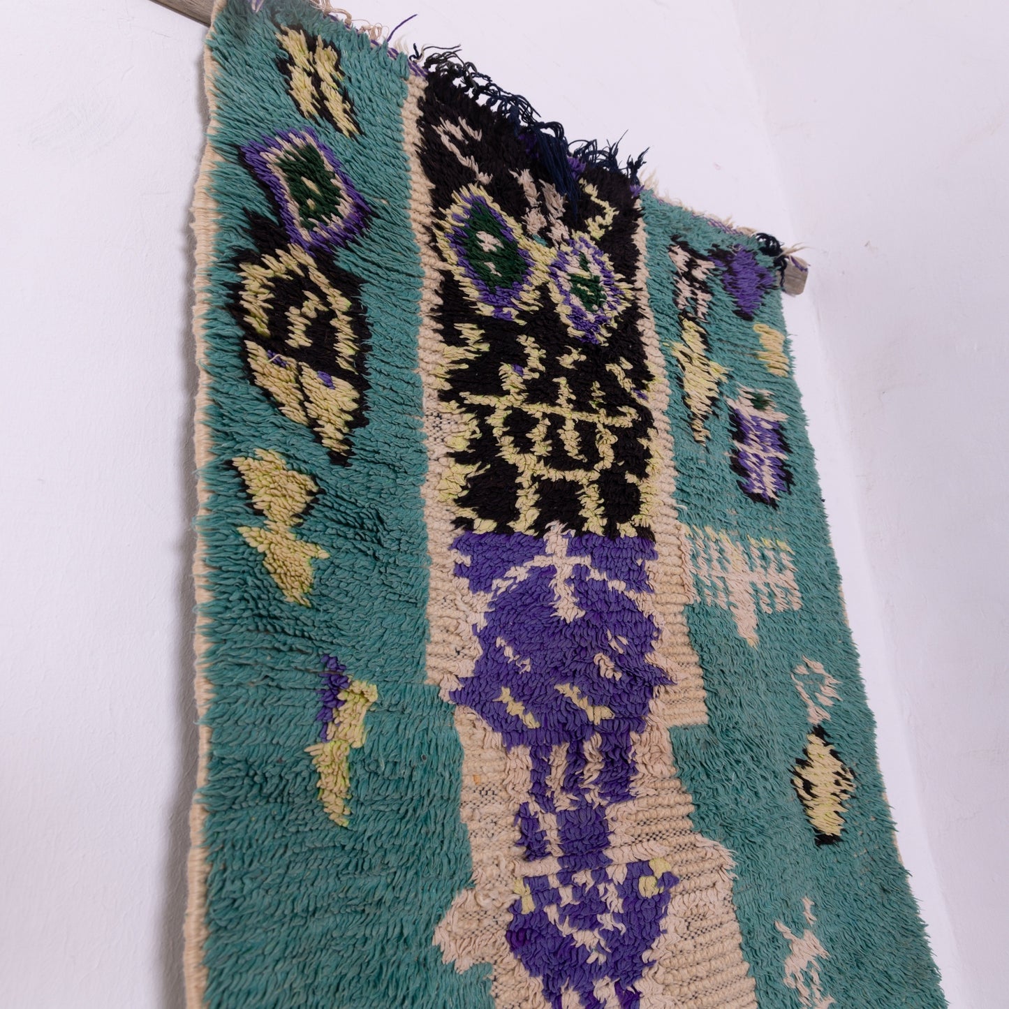 Vintage Azilal Moroccan Rug - Small Tribal Wall Hanging - Handwoven Bohemian Wool Textile in Green & Purple