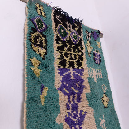 Vintage Azilal Moroccan Rug - Small Tribal Wall Hanging - Handwoven Bohemian Wool Textile in Green & Purple