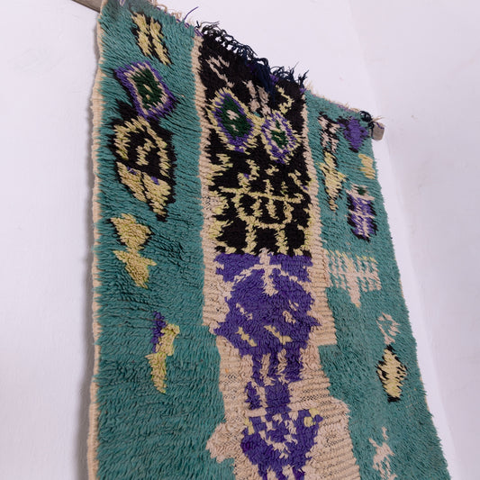 Vintage Azilal Moroccan Rug - Small Tribal Wall Hanging - Handwoven Bohemian Wool Textile in Green & Purple