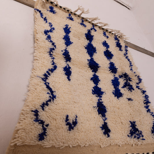 New Handmade Azilal Wool Rug - Abstract Blue Design on Cream - Moroccan Floor or Wall Decor