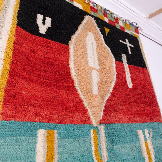 Sacred Geometry Boujad Rug – New Moroccan Wool Wall Hanging – Symbolic Art in Red, Black & Turquoise – Handmade Tribal Textile