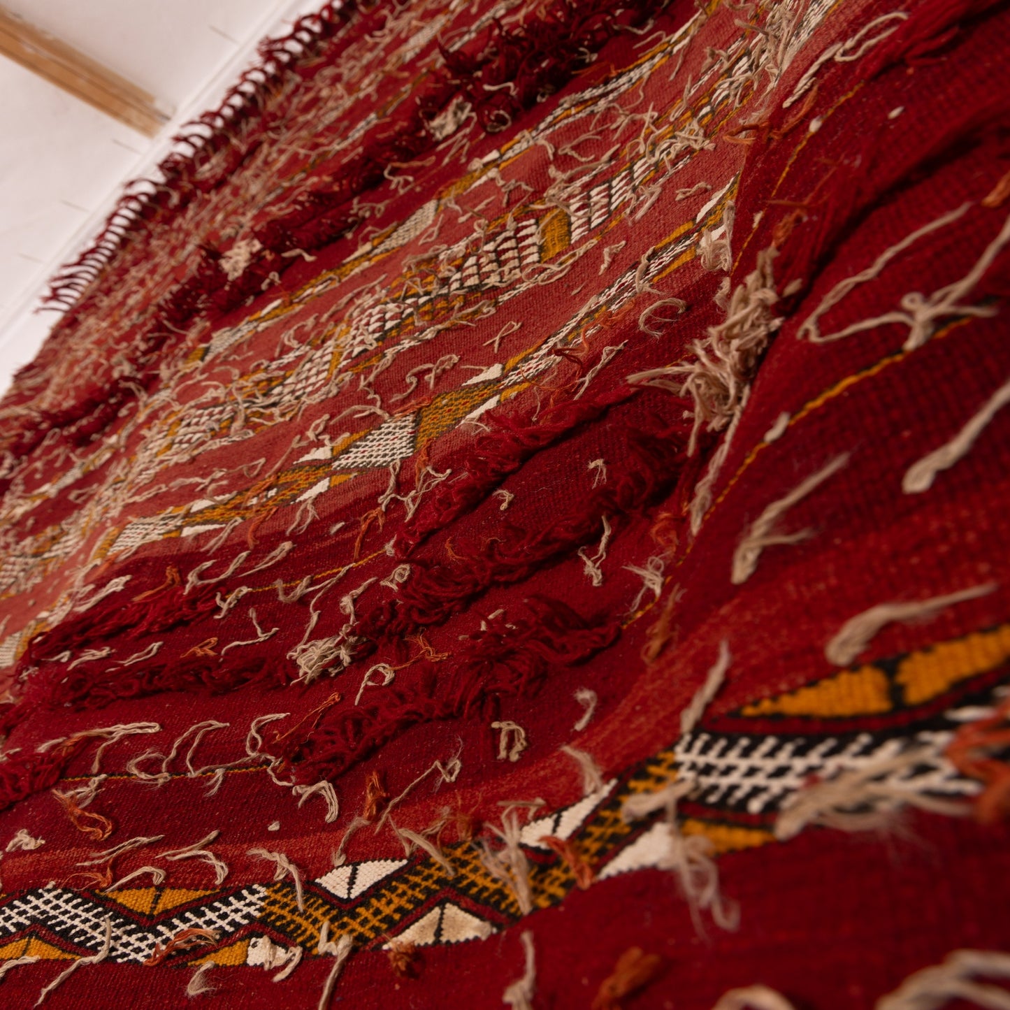 Vintage Moroccan Red Wool Rug | Handmade Berber Carpet with Tribal Embroidery ; 8,53 ft / 5,58 ft