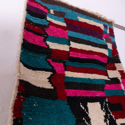 Colorful Boujad Rug – New Moroccan Wool Rug – Abstract Berber Wall Art – Teal, Fuchsia, Cream & Black – Boho Handmade Home Decor