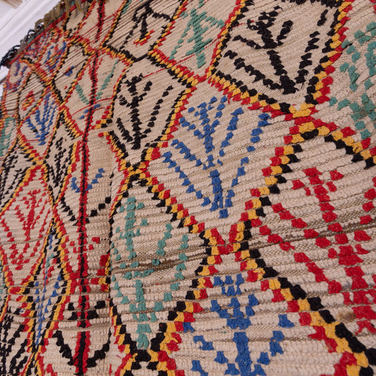 Vintage Moroccan Azilal Rug - Colorful Tribal Diamond Lattice with Abstract Tree Motifs