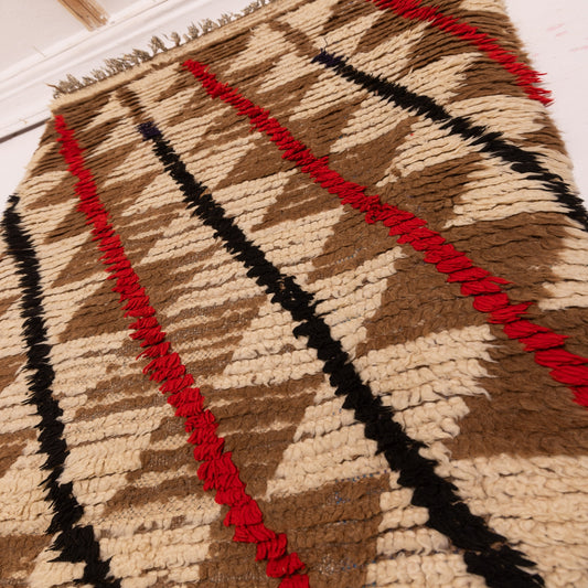 Vintage Moroccan Corridor Runner Rug - Handwoven Wool Berber Carpet with Triangle & Stripe Pattern - Long Hallway Rug in Brown, Red & Black