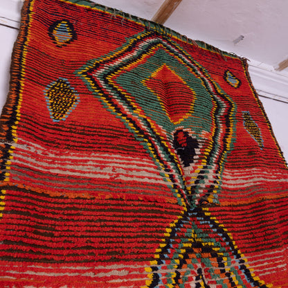 Vintage Moroccan Berber Rug – Handwoven Wool Boujad Carpet – Red, Green & Yellow Tribal Rug