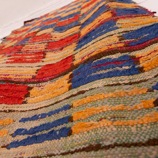 Vintage Moroccan Corridor Runner Rug - Handwoven Flat-Weave Wool Hallway Carpet - Tribal Stripe Pattern in Red, Blue & Yellow