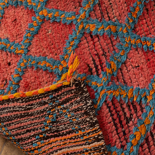 Vintage Moroccan Corridor Rug - Handwoven Wool Runner with Diamond Trellis Pattern - Red and Teal Berber Hallway Rug