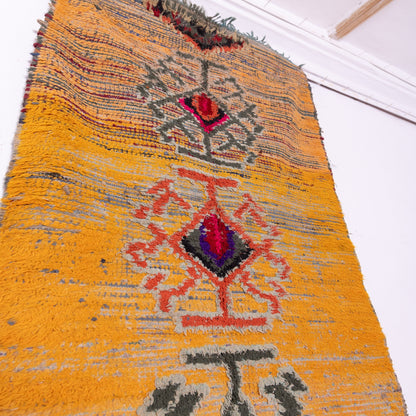Vintage Moroccan Bjaad Rug – Handwoven Wool Tribal Runner – Authentic Berber Rug in Golden Yellow & Red