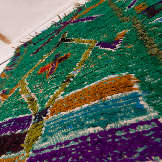 Vintage Moroccan Corridor Rug - Handwoven Green Wool Runner with Tribal Symbols - Berber Long Hallway Carpet