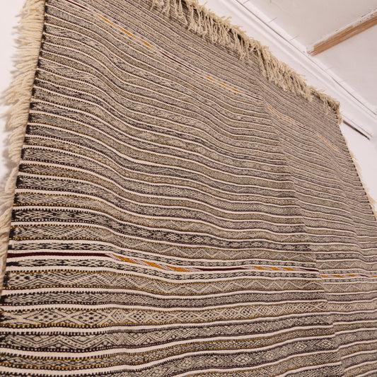 Large Vintage Moroccan Handira Wool Rug - Authentic Berber Striped Blanket - Handmade Tribal Textile