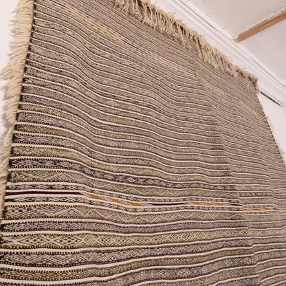 Large Vintage Moroccan Handira Wool Rug | Authentic Berber Striped Blanket | Handmade Tribal Textile ; 11,81 ft / 5,58 ft