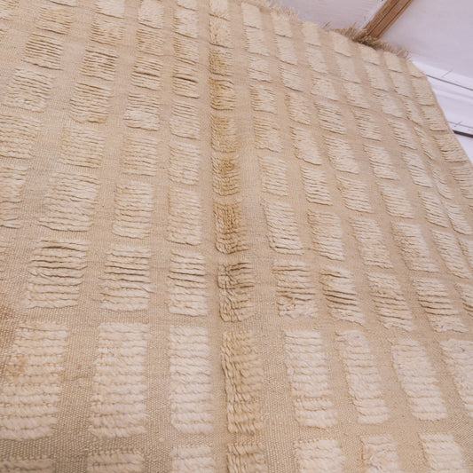 Handwoven Taznakht Moroccan Rug – 100% Wool Beige Grid Pattern Carpet – Minimalist Berber Design – Authentic High Atlas Artisan Craft