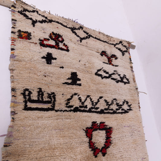 Vintage Azilal Rug with Tribal Symbols - Handmade Moroccan Wool Rug - Small Cream Berber Carpet