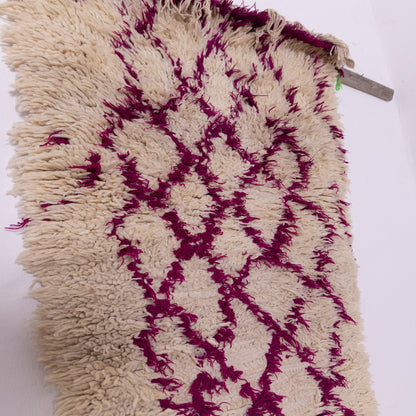 Vintage Moroccan Azilal Rug - Shaggy Cream Wool Runner with Fuchsia Diamond Pattern