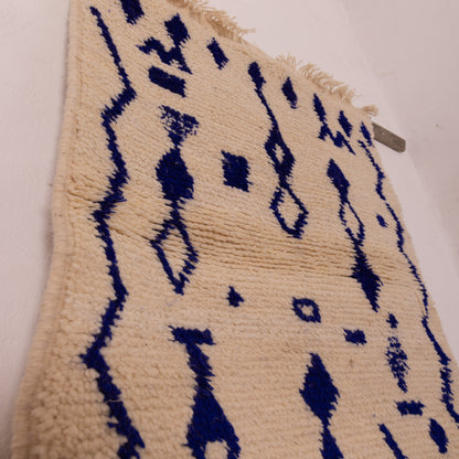 New Handmade Azilal Wool Rug - Bold Blue Tribal Pattern on Cream - Moroccan Floor or Wall Decor