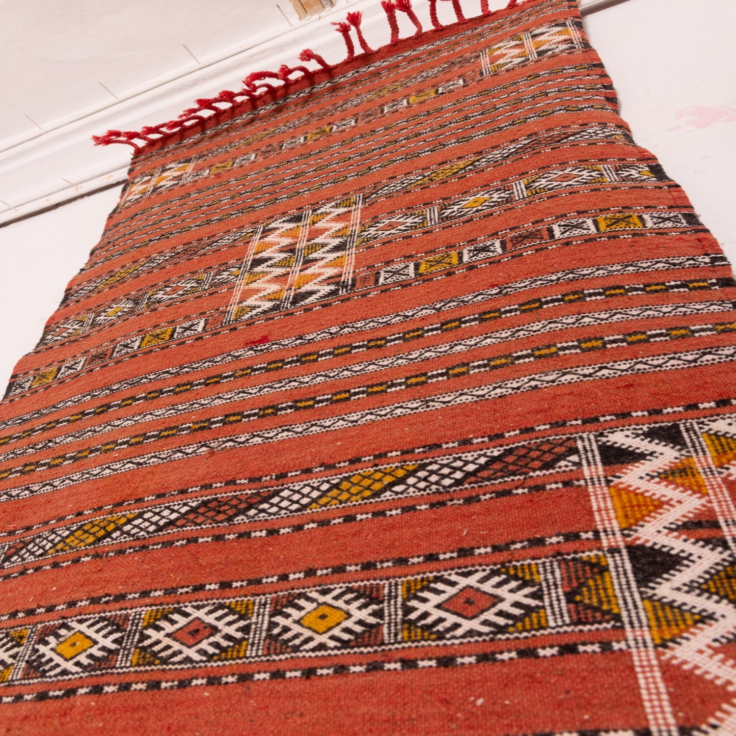 Handwoven Moroccan Corridor Rug - Red Tribal Wool Runner
