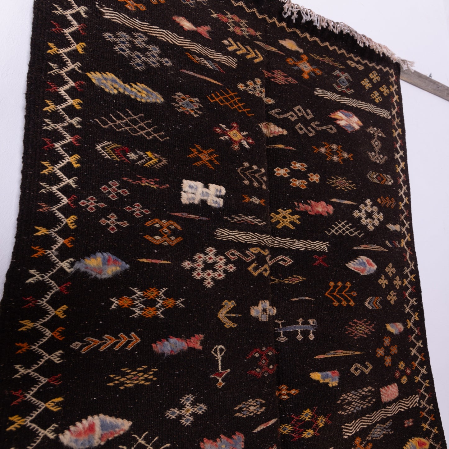 Handwoven Moroccan Akhnif Rug – Dark Berber Wool & Cotton Carpet with Vibrant Tribal Symbols