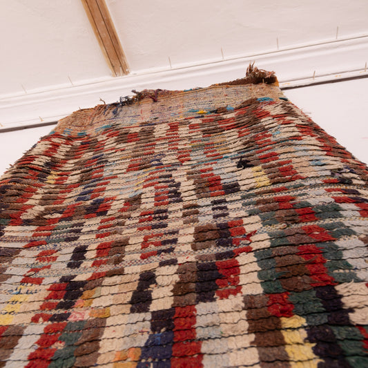 Vintage Moroccan Corridor Rug - Color Block Wool Runner with Textured Tribal Grid - Handwoven Berber Hallway Carpet