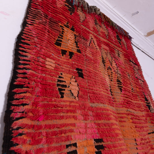 Vintage Boujad Rug – Handwoven Moroccan Wool Carpet, Rich Red & Tribal Berber Symbols, Bohemian Boho Chic Area Rug, Unique Handmade Home Decor