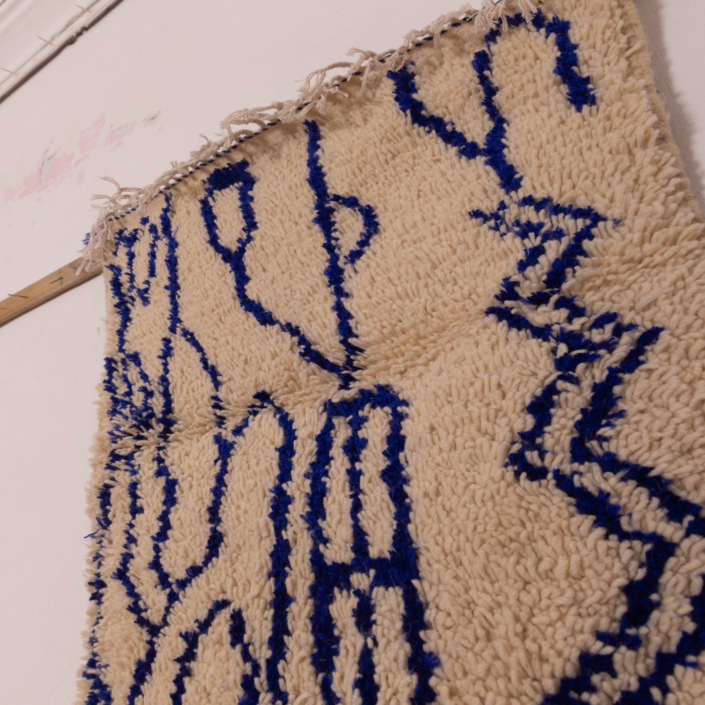 New Handmade Azilal Wool Rug - Abstract Blue Geometric Design - Moroccan Boho Chic Floor or Wall Decor