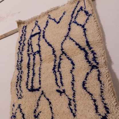 Handwoven Moroccan Wool Rug - Blue Tribal Geometric Patterns on Cream Base - Artisan Crafted