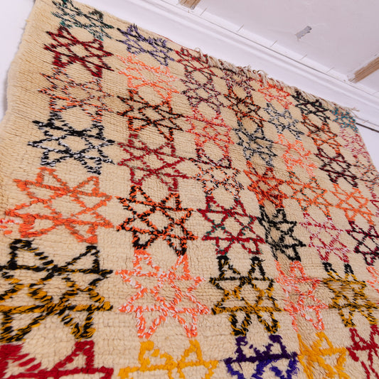 Starlight Mosaic” – Vintage Moroccan Azilal Rug with Colorful Geometric Starburst Pattern