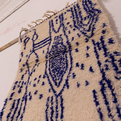 New Handmade Azilal Rug - Abstract Blue Berber Symbols on Cream - Modern Moroccan Tribal Wall Hanging or Floor Piece
