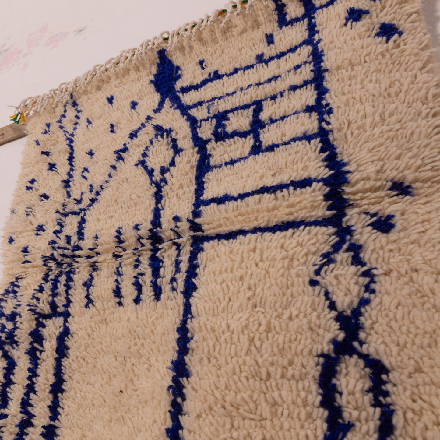 New Handmade Azilal Wool Rug - Blue Abstract Architecture Design on Cream - Modern Moroccan Tribal Decor