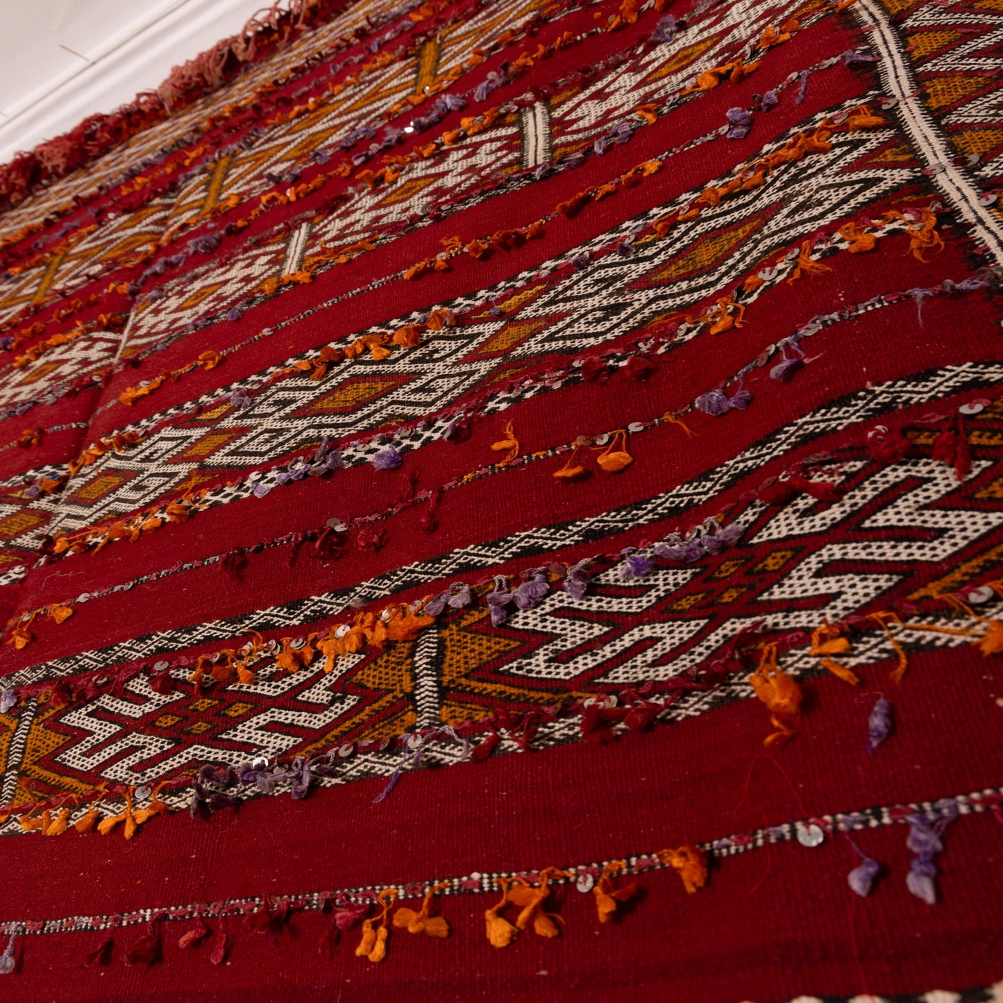 Large Vintage Moroccan Kilim Rug | Handwoven Berber Carpet | Red Tribal Wool Flatweave ; 12,63 ft / 5,41 ft