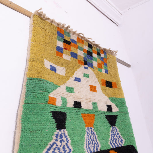 Storyteller Boujad Rug – New Moroccan Wool Rug – Abstract Landscape in Yellow, Green & Blue – Handmade Berber Art Wall Hanging