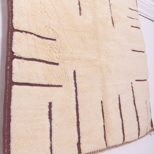 Minimalist Moroccan Wool Rug – Handwoven Berber Beni Ourain Style – Cream with Geometric Brown Lines – Boho Chic Decor